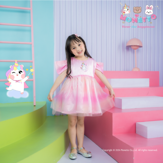 Monetto Unicorn Butterfly Girl Dress เดรสเด็ก ยูนี่ ปีกผีเสื้อ ตาข่าย ไล่สีชมพู