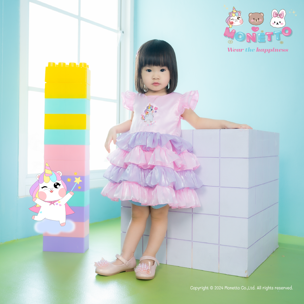 เดรสเด็กยูนี่ไหมออแกนดี้ สลับสีระบายสี่ชั้น สีชมพูม่วง