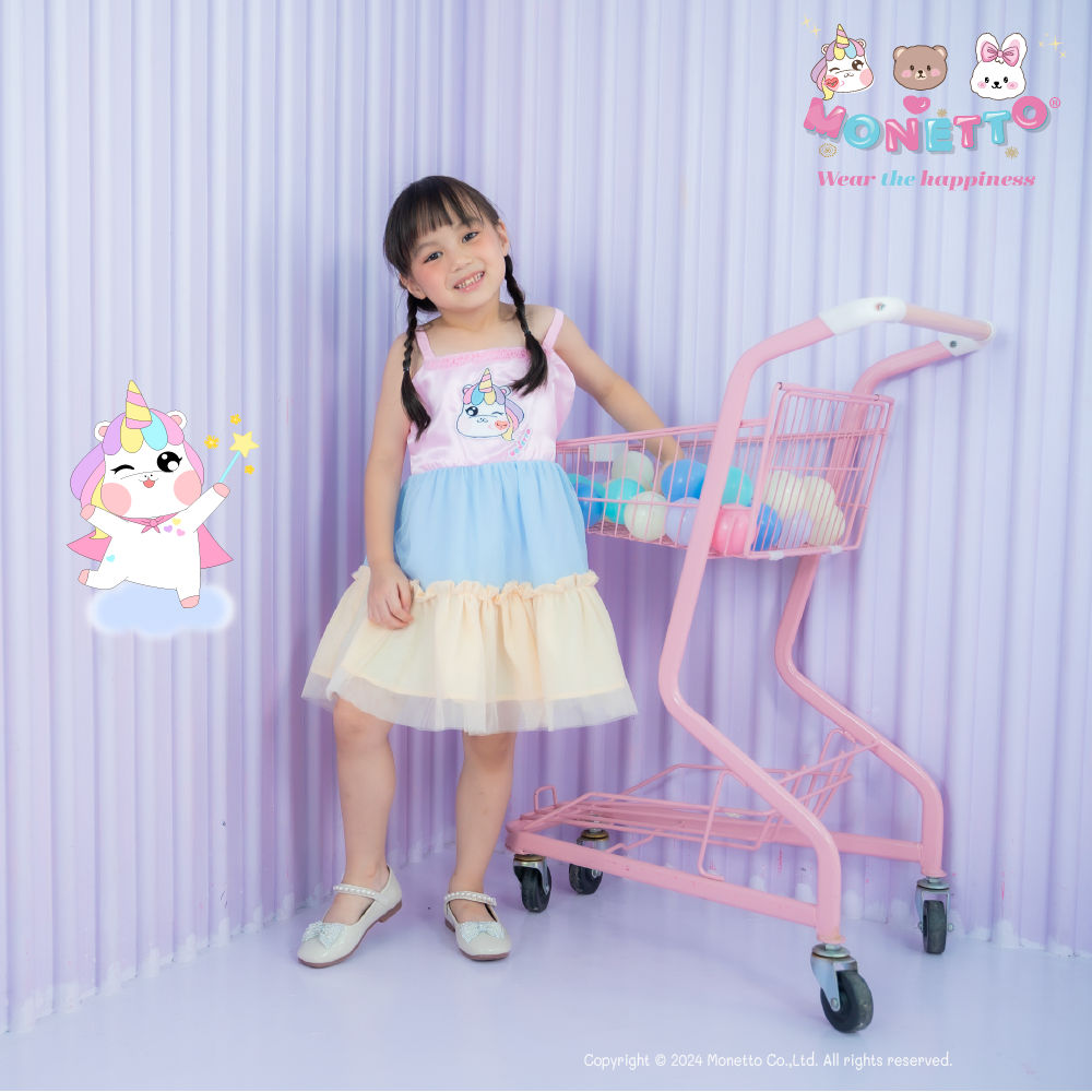 เดรสยูนี่เด็กสายเดี่ยว ยูนี่ ซาตินสีชมพู กระโปรงตาข่าย ฟ้า เหลือง