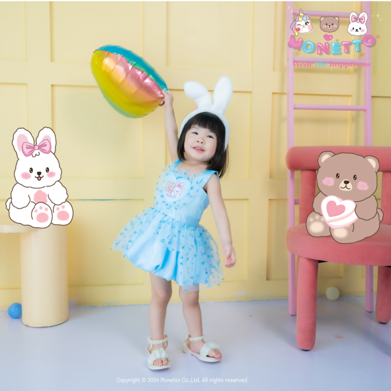 Monetto Bear and Rabbit Girl Dress เดรสเด็ก บอลลูน โอโอ้และเนเน่ สีฟ้า