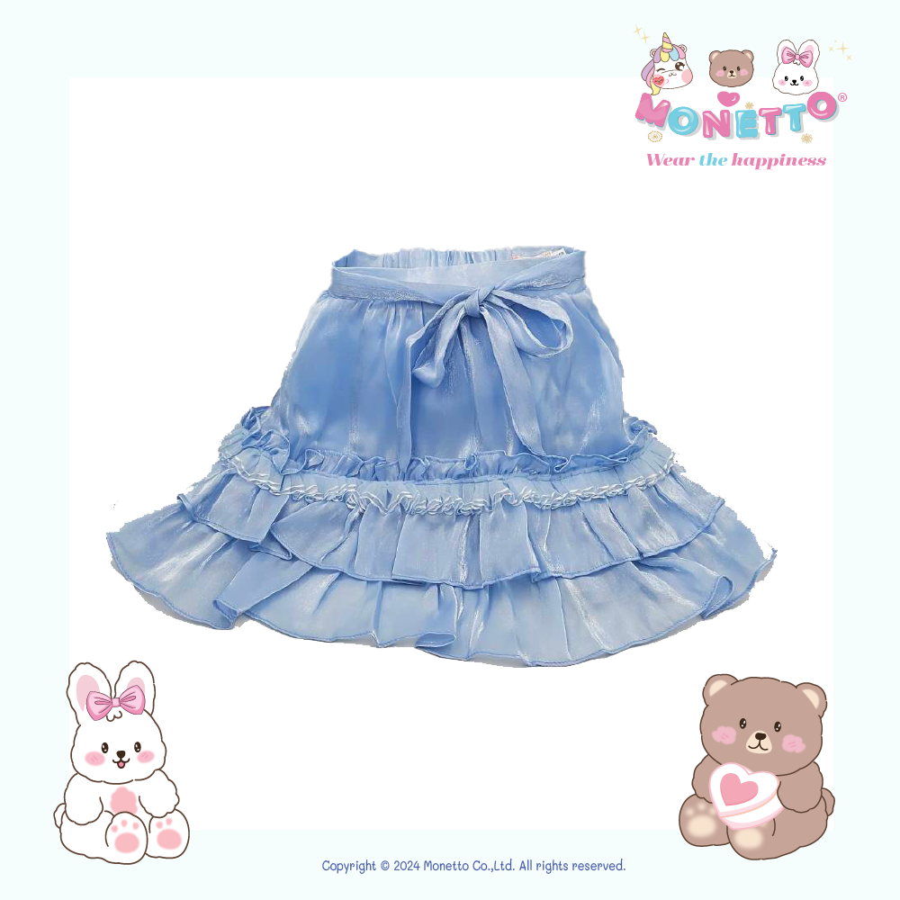 Monetto กระโปรง ระบาย สั้น ผ้าไหม ออแกนดี้ เงา สีฟ้า