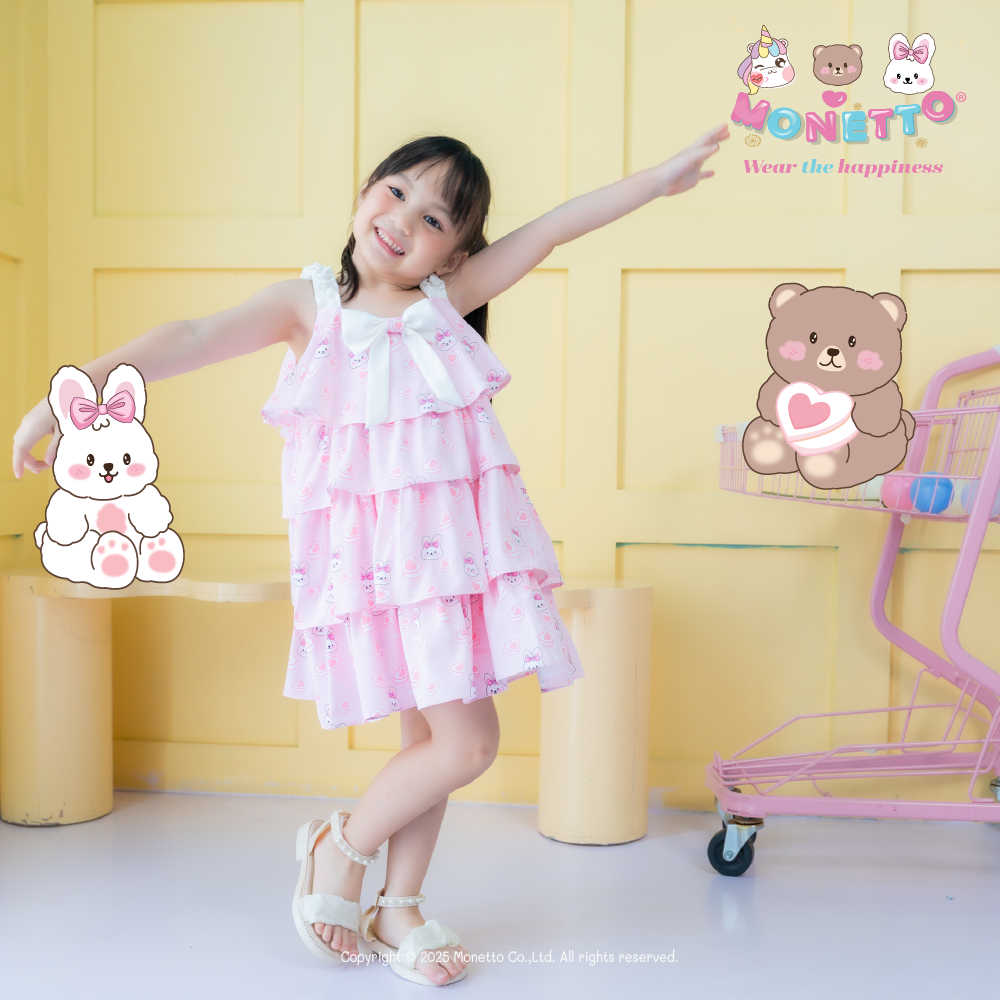 Monetto Rabbit เดรสระบายสี่ชั้น ผ้าพิมพ์ลายกระต่ายเนเน่ หัวใจ signature