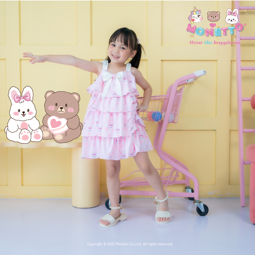 Monetto Rabbit เดรสระบายสี่ชั้น ผ้าพิมพ์ลายกระต่ายเนเน่ หัวใจ signature