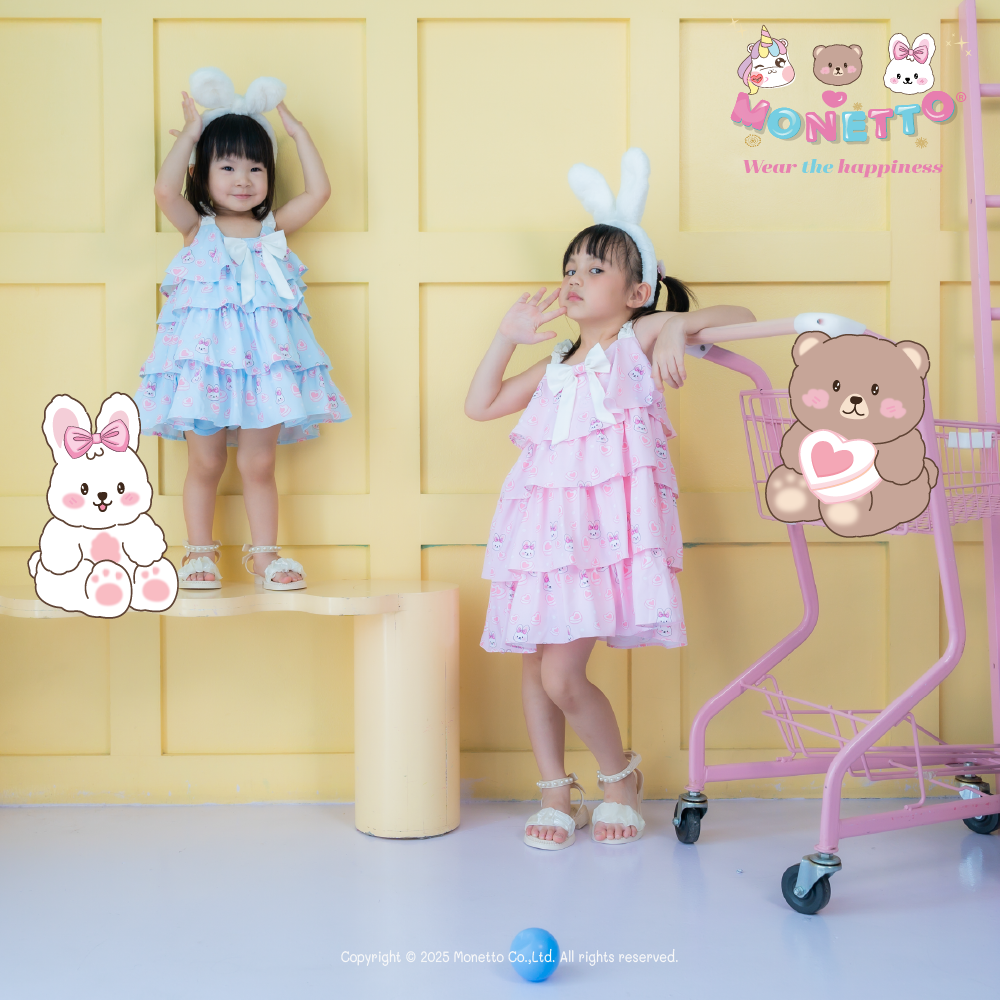 Monetto Rabbit เดรสระบายสี่ชั้น ผ้าพิมพ์ลายกระต่ายเนเน่ หัวใจ signature