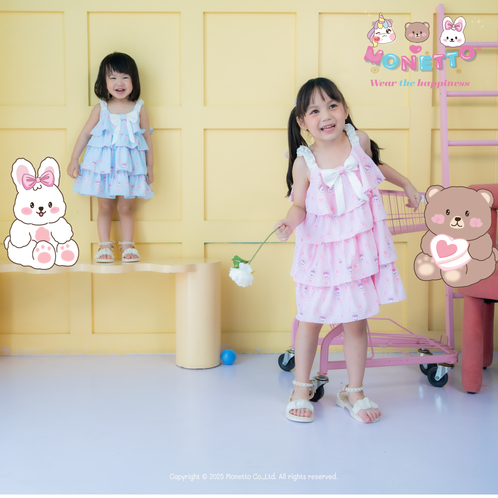 Monetto Rabbit เดรสระบายสี่ชั้น ผ้าพิมพ์ลายกระต่ายเนเน่ หัวใจ signature