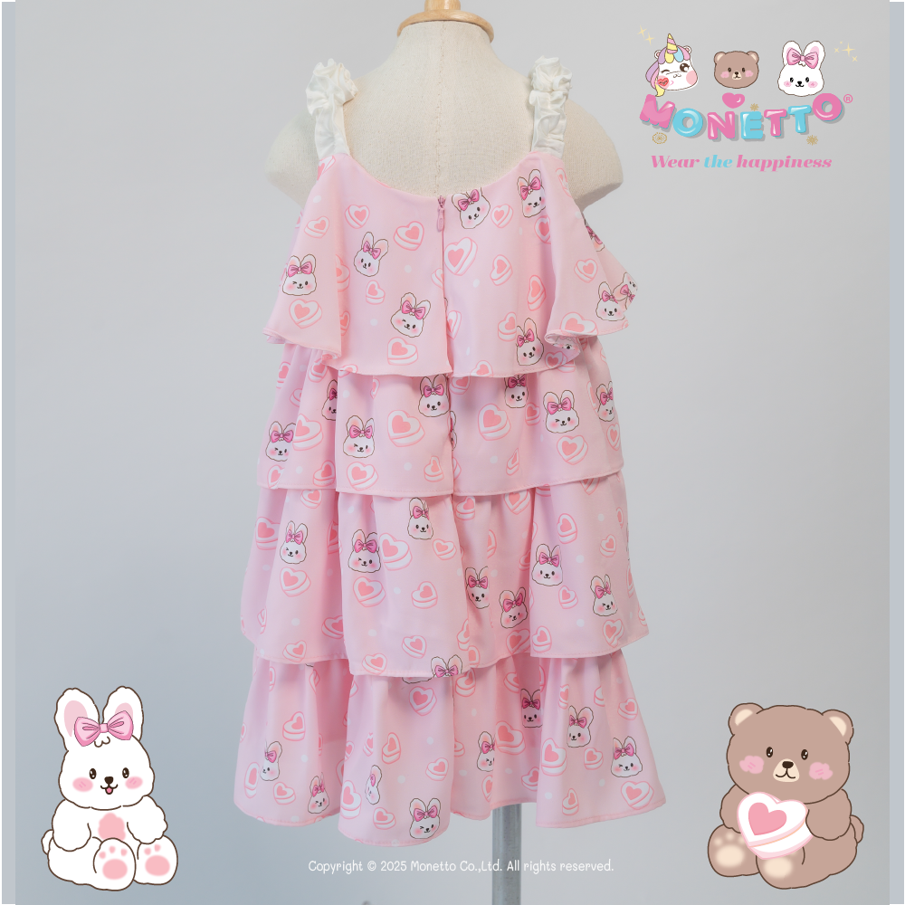 Monetto Rabbit เดรสระบายสี่ชั้น ผ้าพิมพ์ลายกระต่ายเนเน่ หัวใจ signature