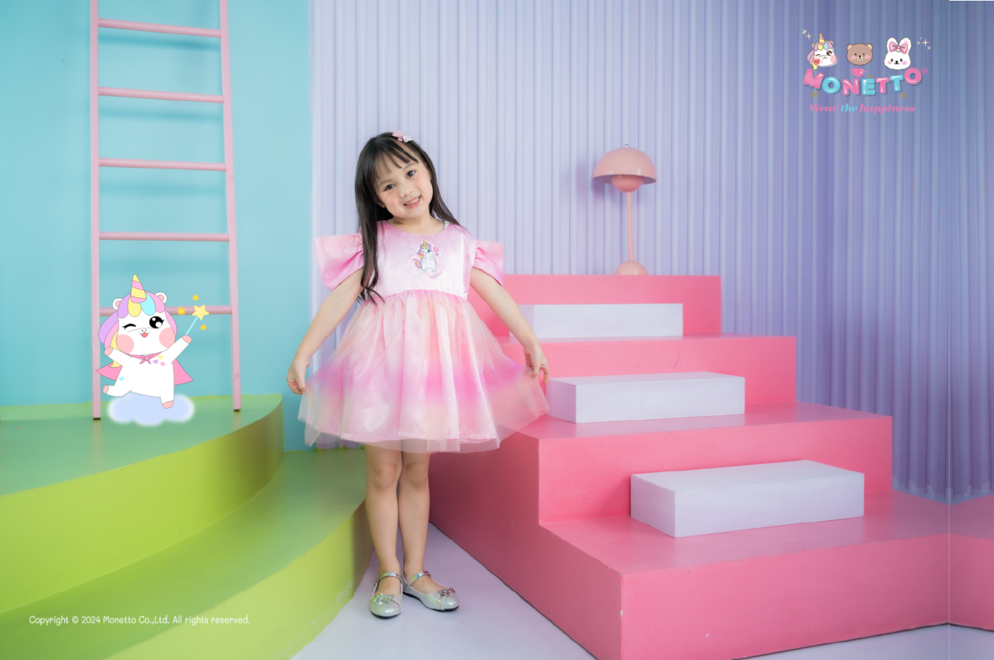 Monetto Unicorn Butterfly Girl Dress เดรสเด็ก ยูนี่ ปีกผีเสื้อ ตาข่าย ไล่สีชมพู