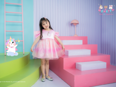 Monetto Unicorn Butterfly Girl Dress เดรสเด็ก ยูนี่ ปีกผีเสื้อ ตาข่าย ไล่สีชมพู