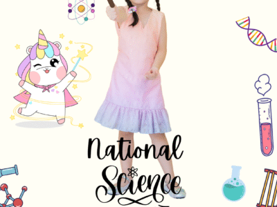 Little girl in a pink Monetto dress holding a science experiment tube, smiling with happiness เด็กผู้หญิงใส่เดรสเจ้าหญิงสีชมพู ไล่สี Monetto ทำการทดลองวิทยาศาสตร์ด้วยรอยยิ้ม