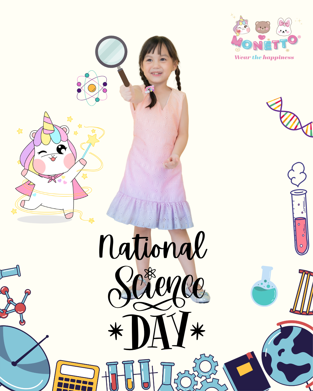 Little girl in a pink Monetto dress holding a science experiment tube, smiling with happiness เด็กผู้หญิงใส่เดรสเจ้าหญิงสีชมพู ไล่สี Monetto ทำการทดลองวิทยาศาสตร์ด้วยรอยยิ้ม